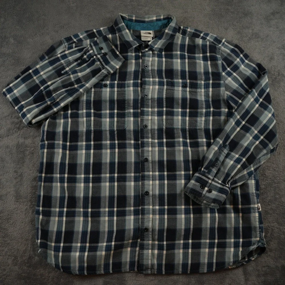 The North Face Flannel Shirt Mens XXL‎ Blue Plaid Long Sleeve Button Down
